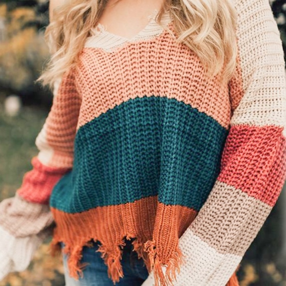 ✨LAST 2✨Waffle Knit Colorblock Fray Fall Sweater - Picture 3 of 4